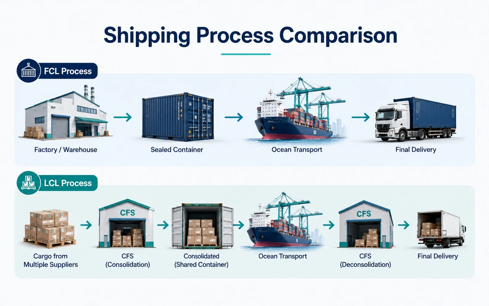 Shipping process comparison between FCL and LCL ocean freight, showing sealed container transport and CFS consolidation steps Shipping process comparison between FCL and LCL ocean freight, showing sealed container transport and CFS consolidation steps