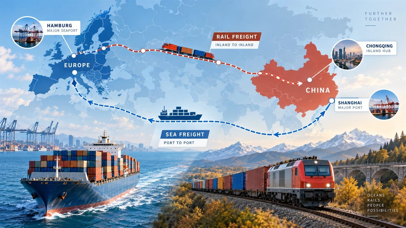 China to Europe sea and rail freight routes connecting major ports and inland logistics hubs China to Europe sea and rail freight routes connecting major ports and inland logistics hubs