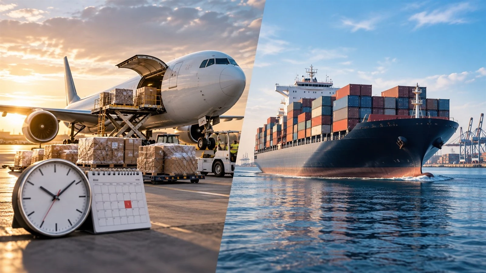 Air freight vs sea freight comparison showing speed, transit time, and shipping capacity Air freight vs sea freight comparison showing speed, transit time, and shipping capacity