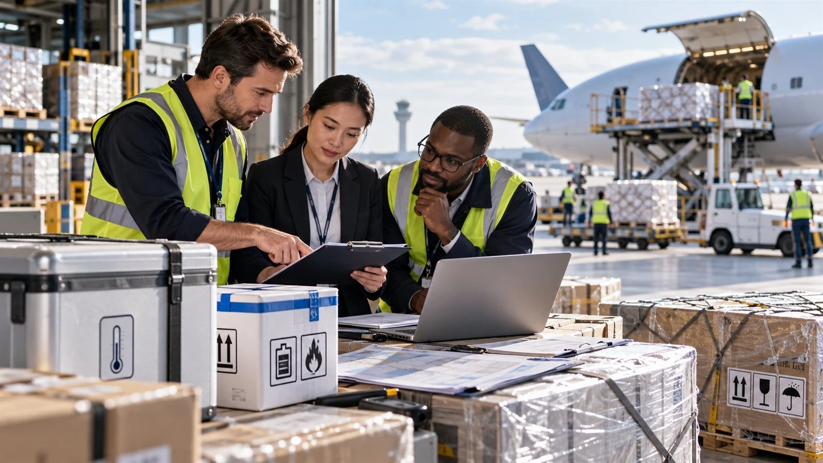 Logistics team reviewing air freight documents and special cargo handling requirements Logistics team reviewing air freight documents and special cargo handling requirements