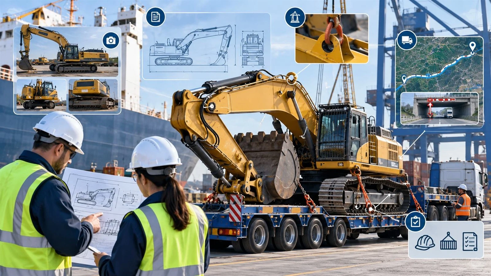 Oversized excavator transport planning with lifting, routing, and cargo handling checks Oversized excavator transport planning with lifting, routing, and cargo handling checks