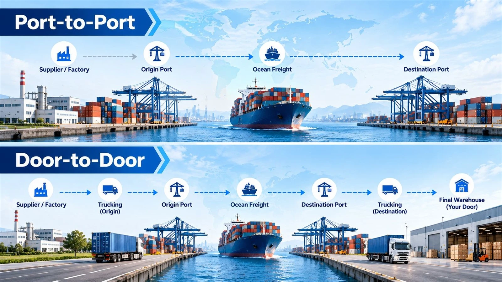 Port-to-port vs door-to-door shipping service scope from supplier and origin port to destination warehouse Port-to-port vs door-to-door shipping service scope from supplier and origin port to destination warehouse