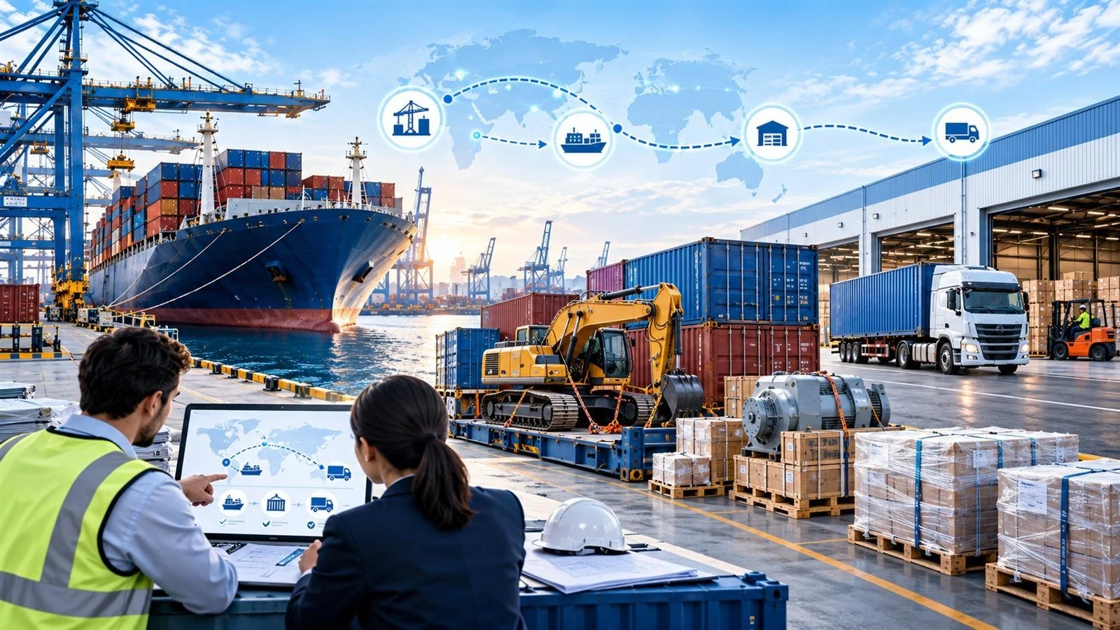 End-to-end logistics planning for containers, industrial machinery, palletized cargo, port handling, and warehouse delivery End-to-end logistics planning for containers, industrial machinery, palletized cargo, port handling, and warehouse delivery