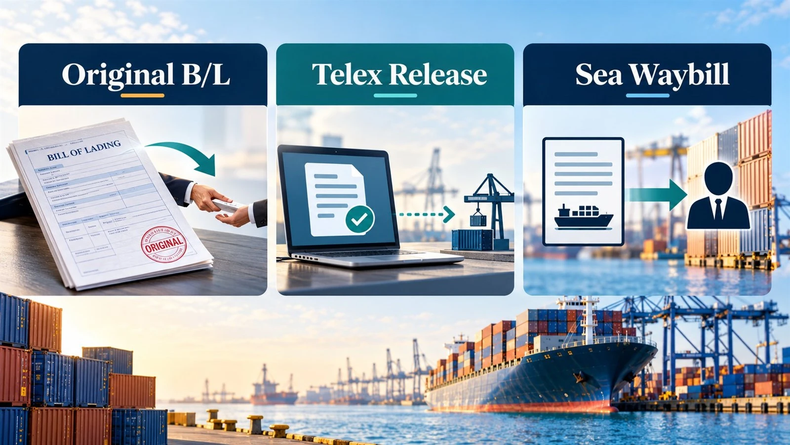 Comparison of Original Bill of Lading, Telex Release, and Sea Waybill for ocean freight cargo release Comparison of Original Bill of Lading, Telex Release, and Sea Waybill for ocean freight cargo release
