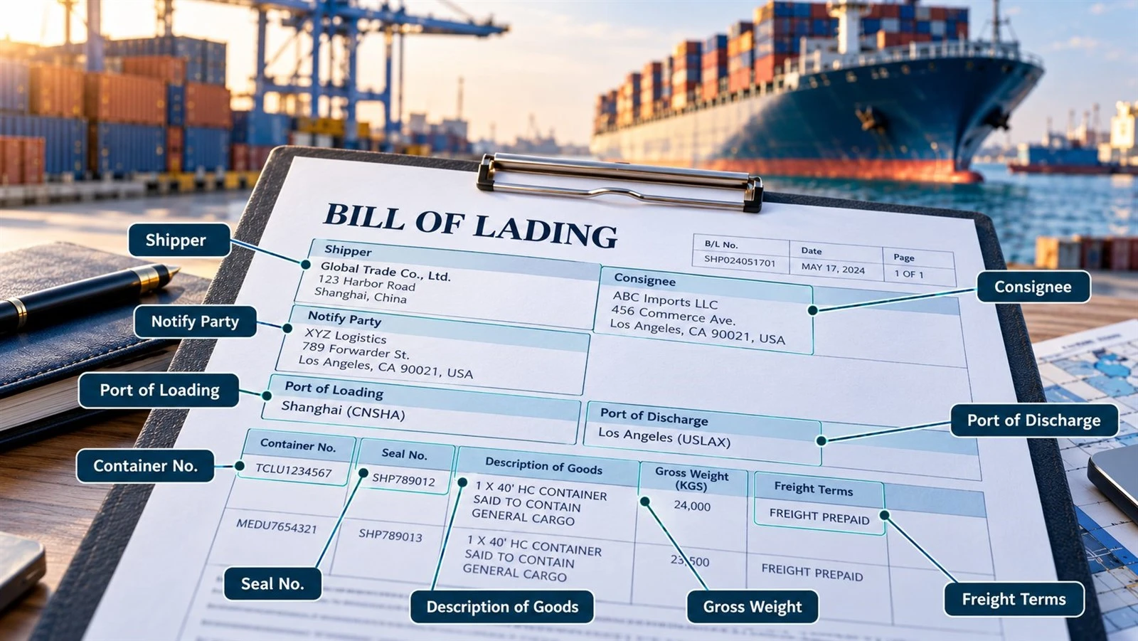 Bill of Lading key fields including shipper, consignee, ports, container number, seal number, gross weight, and freight terms Bill of Lading key fields including shipper, consignee, ports, container number, seal number, gross weight, and freight terms