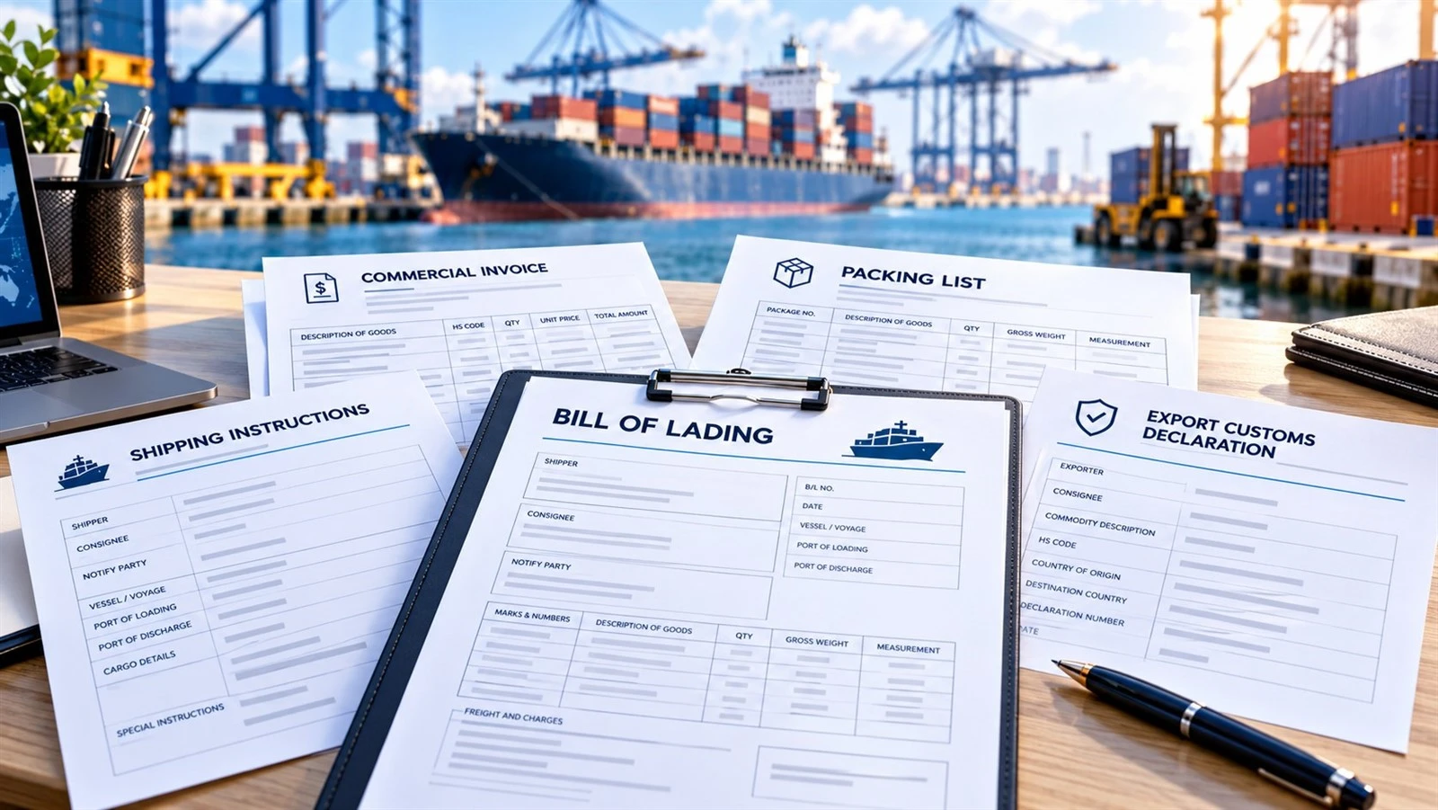 Bill of lading documents required for sea shipping, including shipping instructions, commercial invoice, packing list, and customs declaration Bill of lading documents required for sea shipping, including shipping instructions, commercial invoice, packing list, and customs declaration