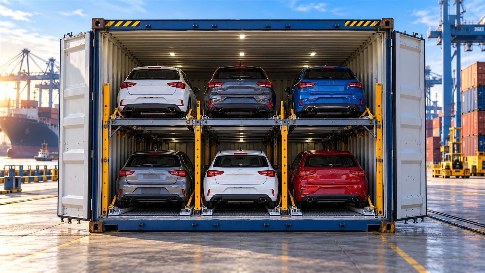Six compact cars loaded in a 40HQ container using a double-deck vehicle racking system Six compact cars loaded in a 40HQ container using a double-deck vehicle racking system