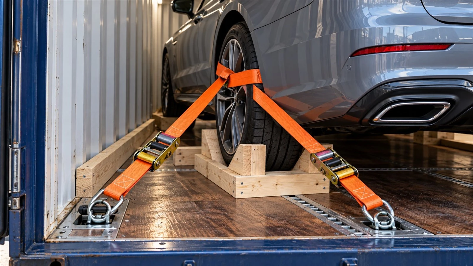 Close-up of car wheel secured with ratchet straps and wooden chocks inside a shipping container Close-up of car wheel secured with ratchet straps and wooden chocks inside a shipping container