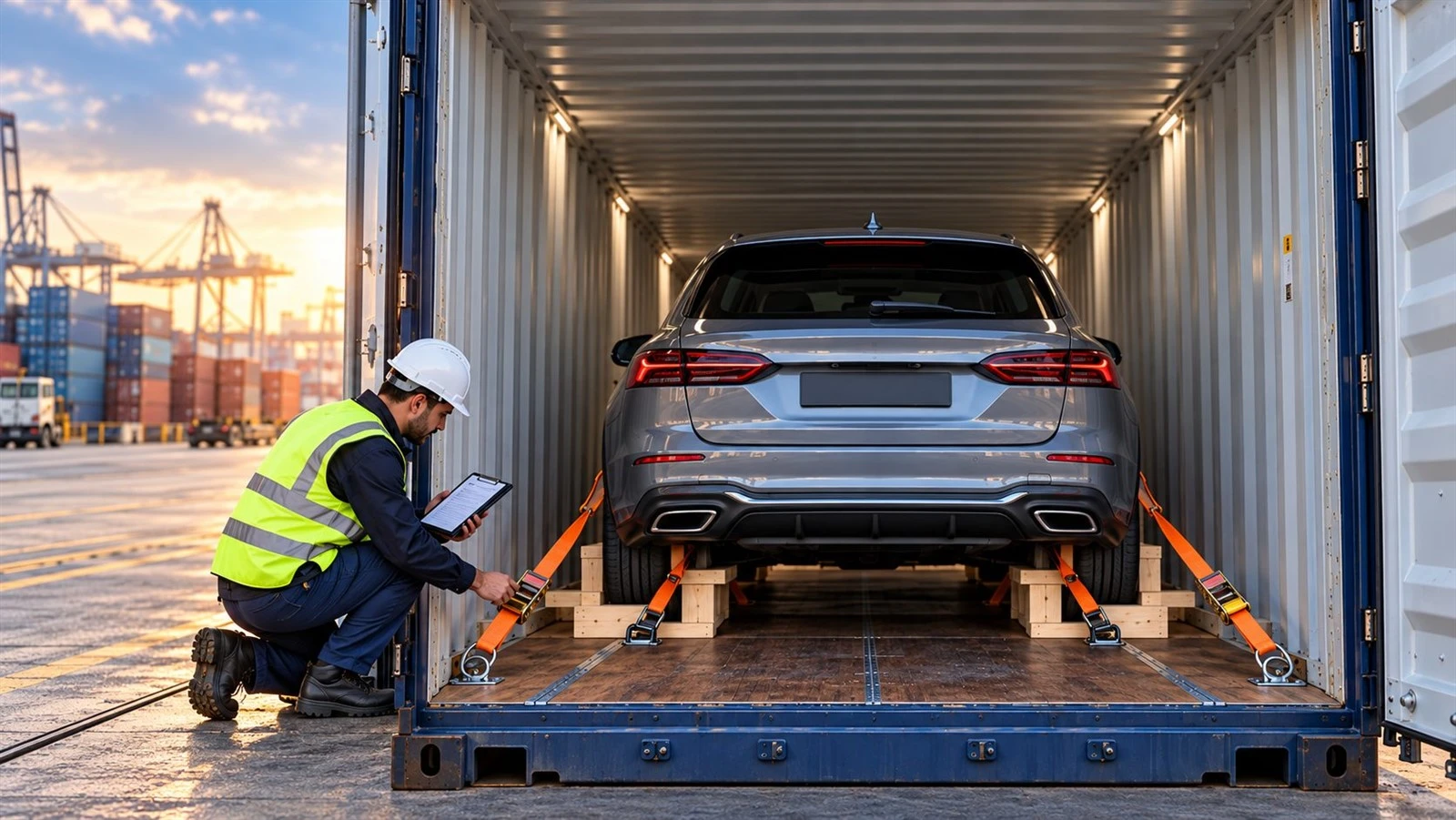 Logistics worker inspecting vehicle lashing and securing inside a shipping container Logistics worker inspecting vehicle lashing and securing inside a shipping container