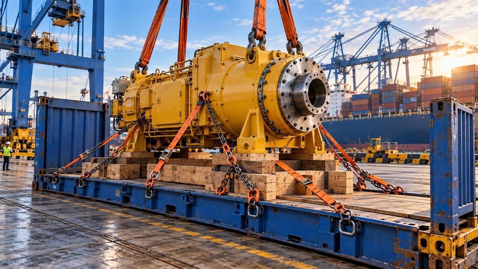 Heavy industrial machinery secured on a flat rack container with chains and lifting straps Heavy industrial machinery secured on a flat rack container with chains and lifting straps