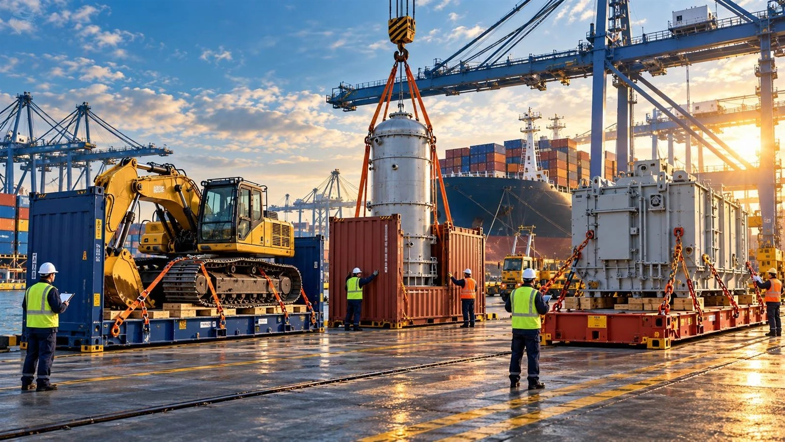 Flat rack, open-top, and platform containers used for OOG cargo shipping at a seaport Flat rack, open-top, and platform containers used for OOG cargo shipping at a seaport