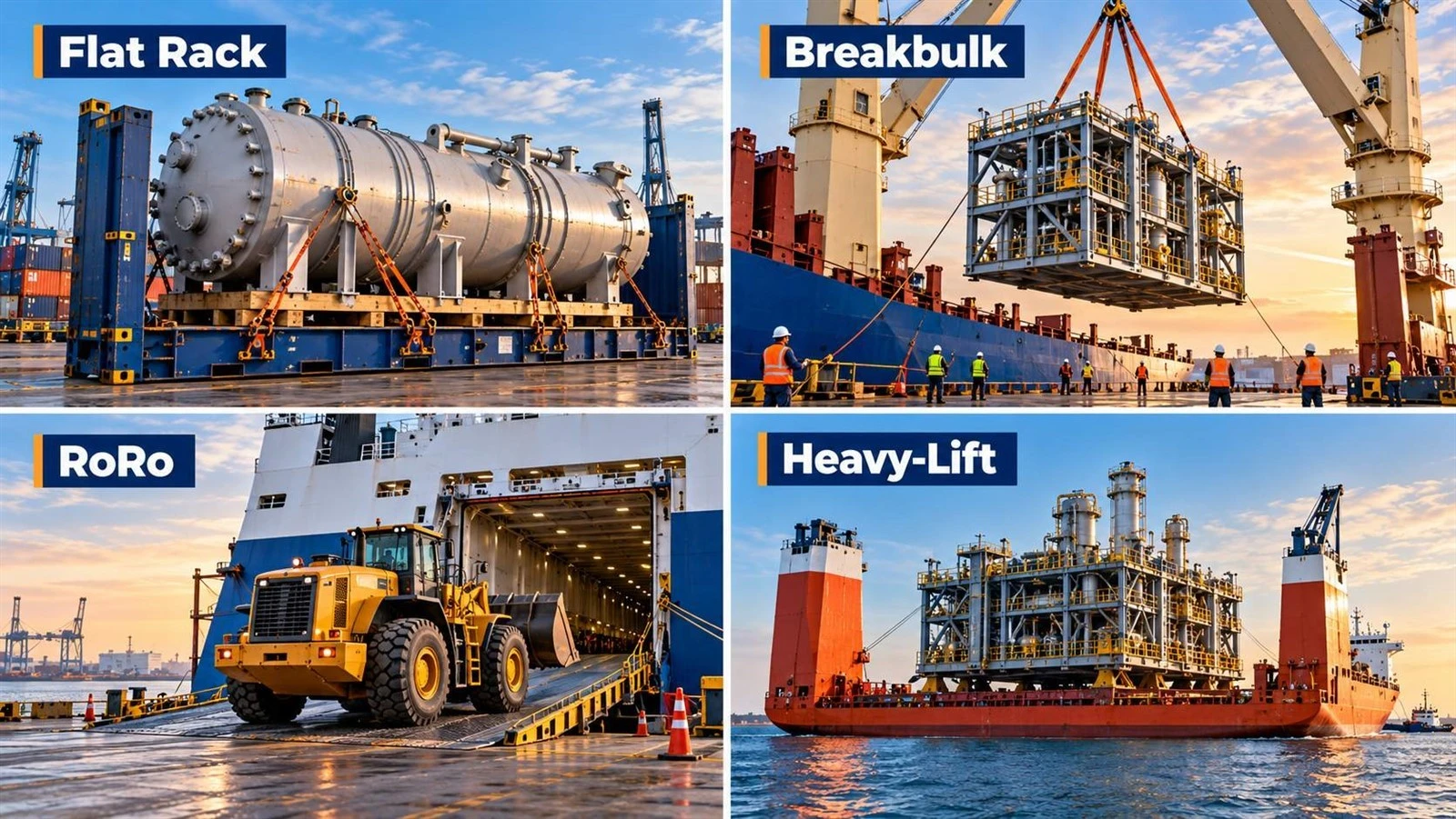 Project cargo shipping methods including Flat Rack, Breakbulk, RoRo, and Heavy-Lift transport Project cargo shipping methods including Flat Rack, Breakbulk, RoRo, and Heavy-Lift transport