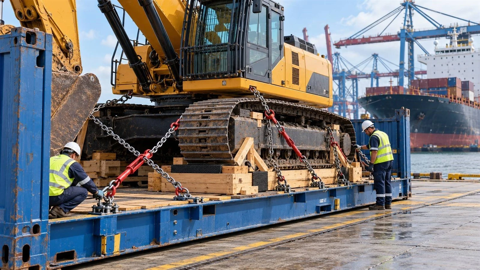Oversized excavator secured on a flat rack container with chains and timber blocking at a seaport Oversized excavator secured on a flat rack container with chains and timber blocking at a seaport