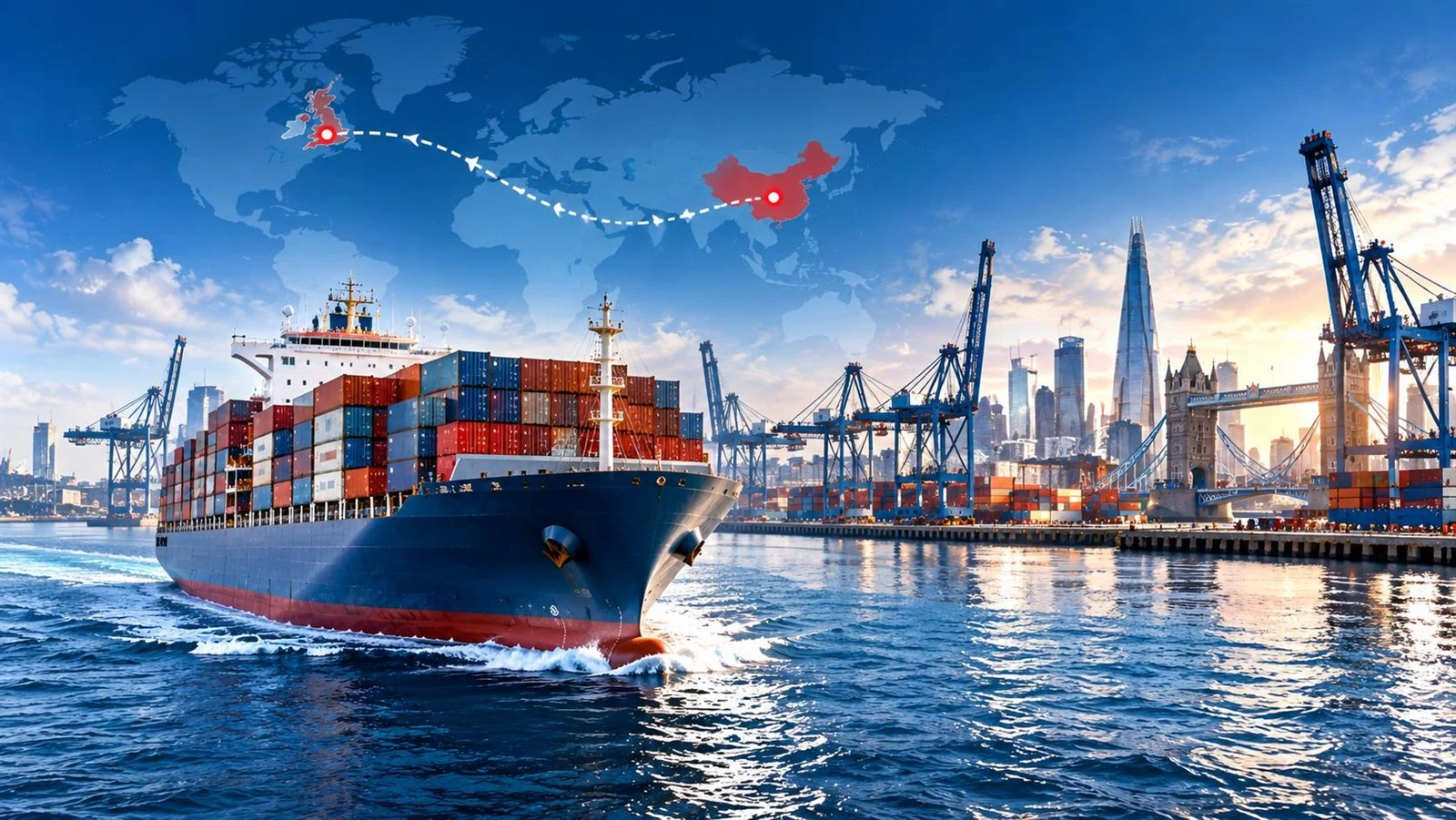 Container ship sailing from China to the UK with a global shipping route and major port infrastructure Container ship sailing from China to the UK with a global shipping route and major port infrastructure